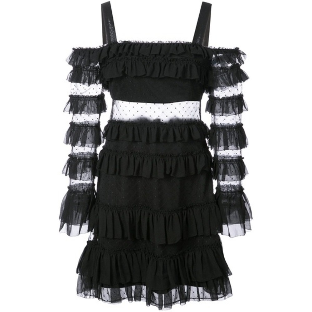 Alexis Brandi Polka Dot Mesh Ruffle Tiered Black Silk Dress Long Sleeves Size XS